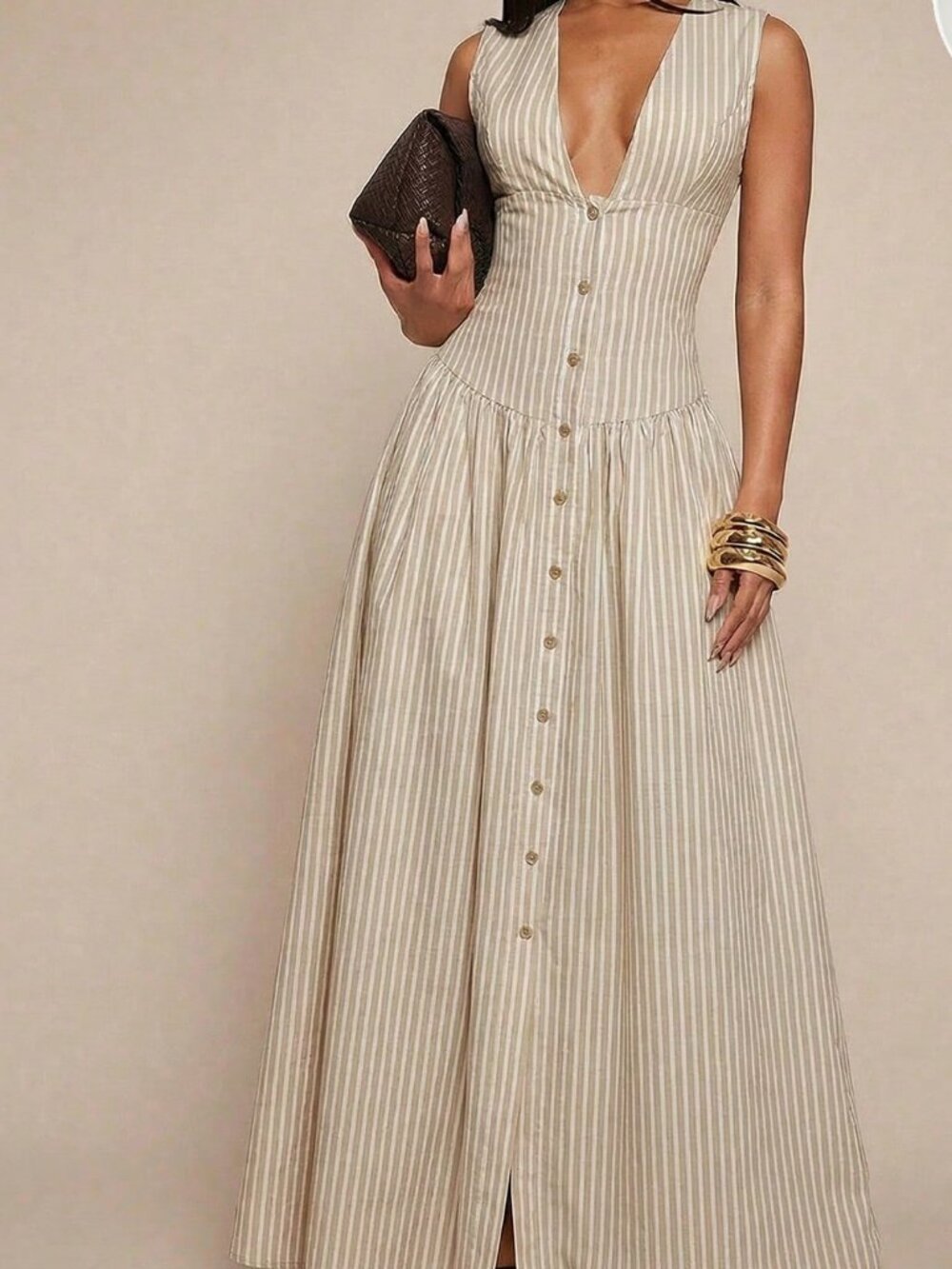 Casual Women's V-Neck Sleeveless Stripe Cinched Waist Long Dress - Picture 3 of 7